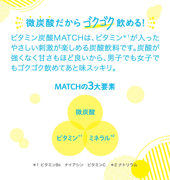 微炭酸だからゴクゴク飲める！ビタミン炭酸MATCHは、ビタミン＊1が入ったやさしい刺激が楽しめる炭酸飲料です。炭酸が強くなく甘さもほど良いから、男子でも女子でもゴクゴク飲めてあと味スッキリ。